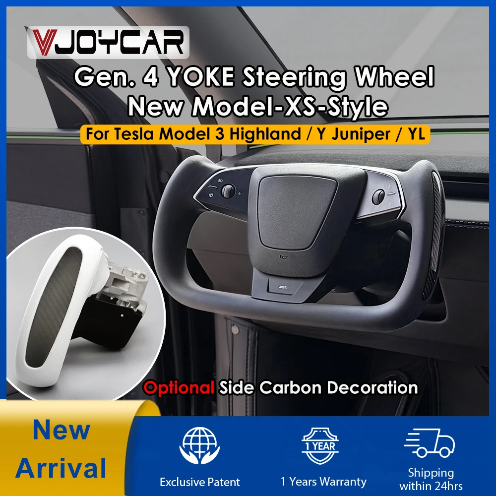 VJOYCAR 2026 최신 Gen.4 350mm YOKE 신형 테슬라 신형 Y 주니퍼 모델 YL 신형 모델 3 하이랜드  YOKE 스티어링 휠 핸들 1:1 디자인 (신형 XS 스타일) 4세대  옵션 사양: 고급 측면 리얼 카본 마감 / 알칸타라 Yoke Handle for Y Juniper / Model YL / New Model 3 Highland