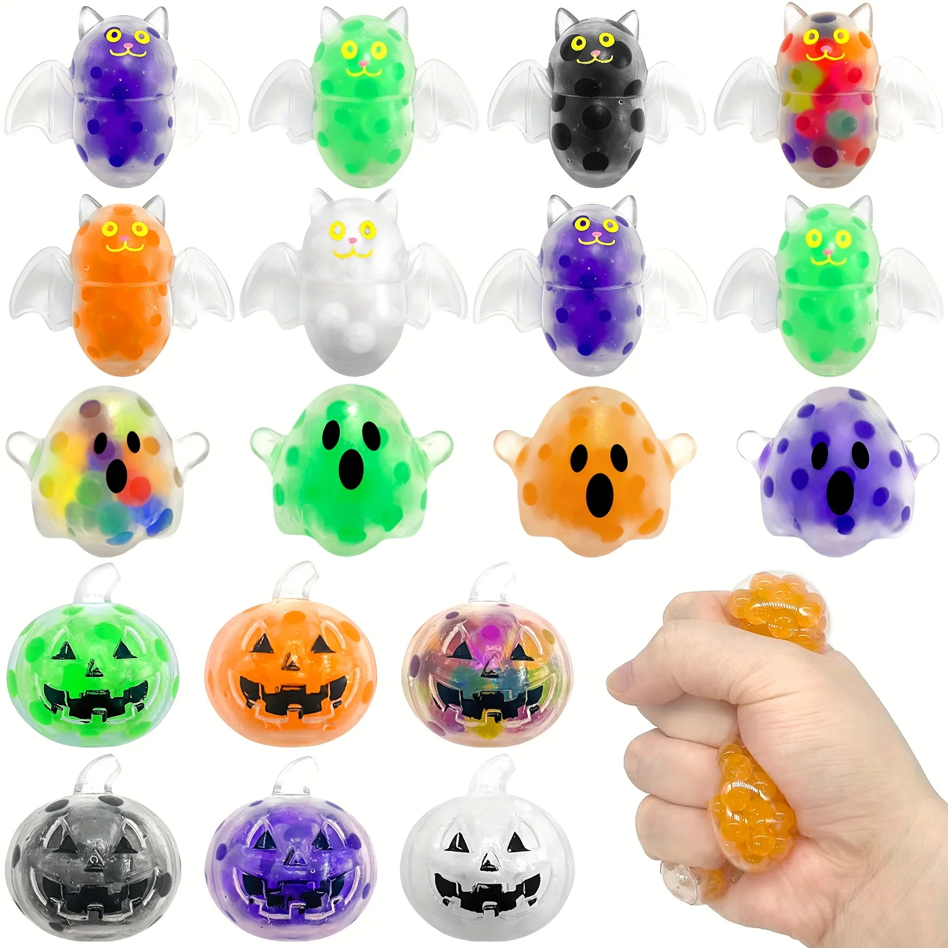 20 stuks nieuwe Halloween stressknipspeelgoed, willekeurige kleuren, Halloween-thema kralenknipspeelgoed, spook, vleermuis, pompoenvormen, knijpspeelgoed, geschikt voor vakantiegeschenken, kantoor stressverlichting, ontspannen en focus, klaslokaalbeloningen