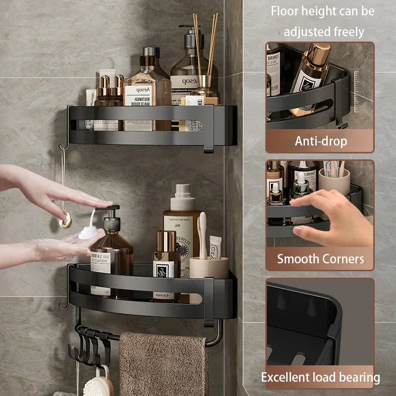 Bathroom Shelf With Sticker Drain Shelves Organizer Black Shower Shampoo Storage Rack Holder Corner Towel Shelf Bath Organizer