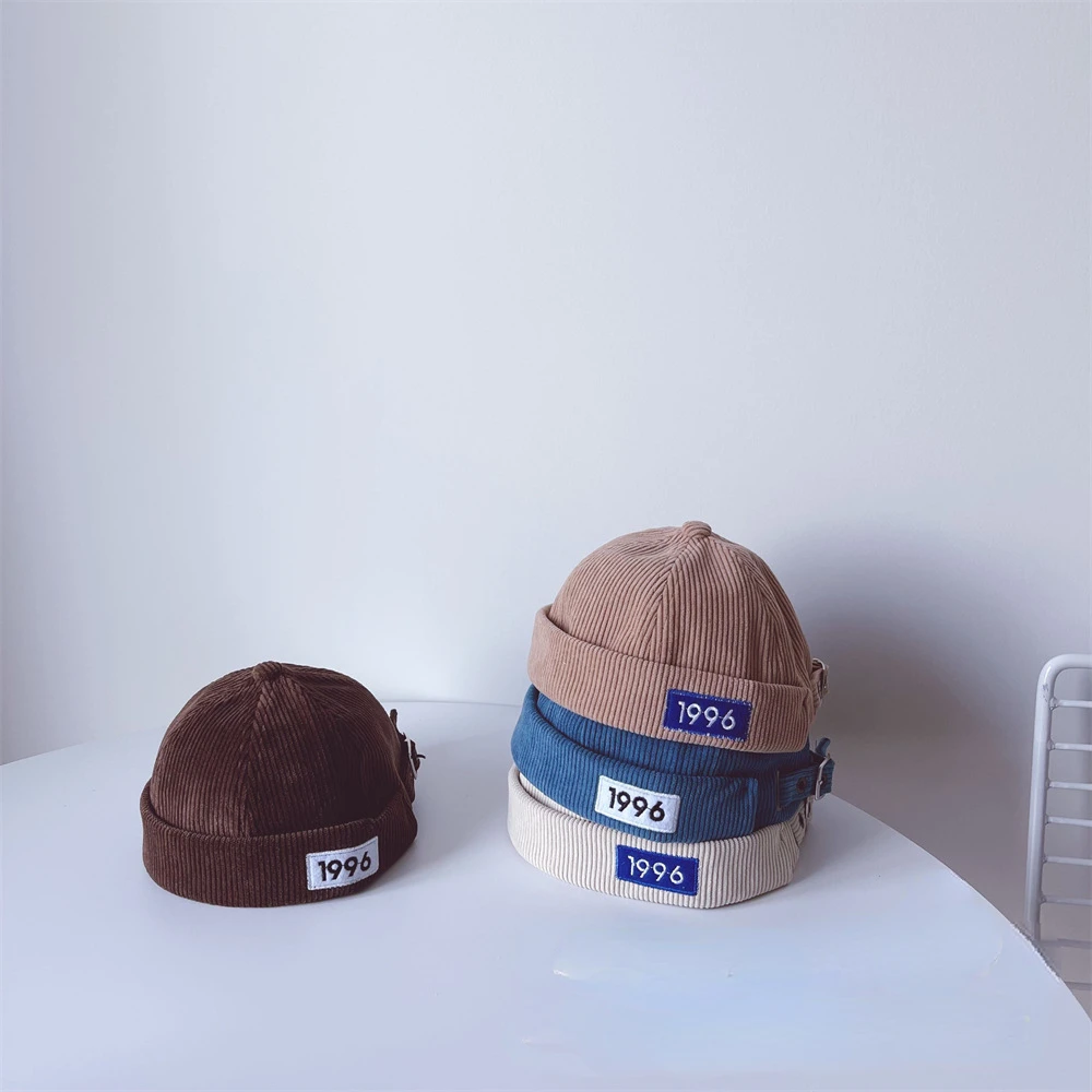 Japanese Children's Melon Hats Autumn Winter Corduroy  Label Boys and Girls Joker Hip-hop Wind Landlord  Hat Infant Beanie Cap