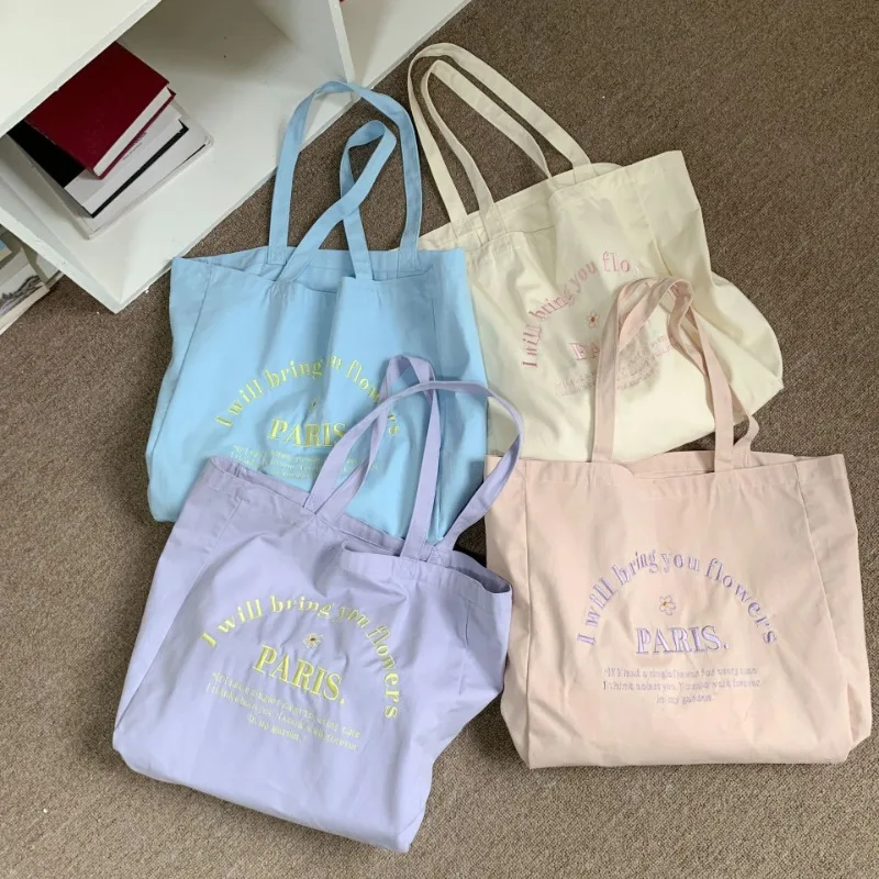 Letter Embroidery Canvas Tote Bag Women Large Capacity Student Shoulder Handbag Shopping Daily Casual Top Handle School Bookbag