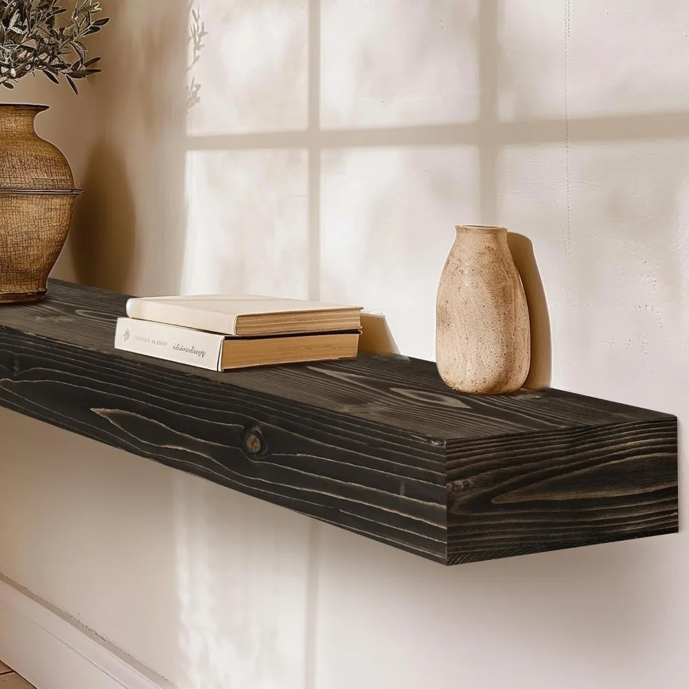 60 Rak Kayu Rustic dengan Braket Tersembunyi, 3 Lapis Tebal, Dekorasi Dinding Hitam