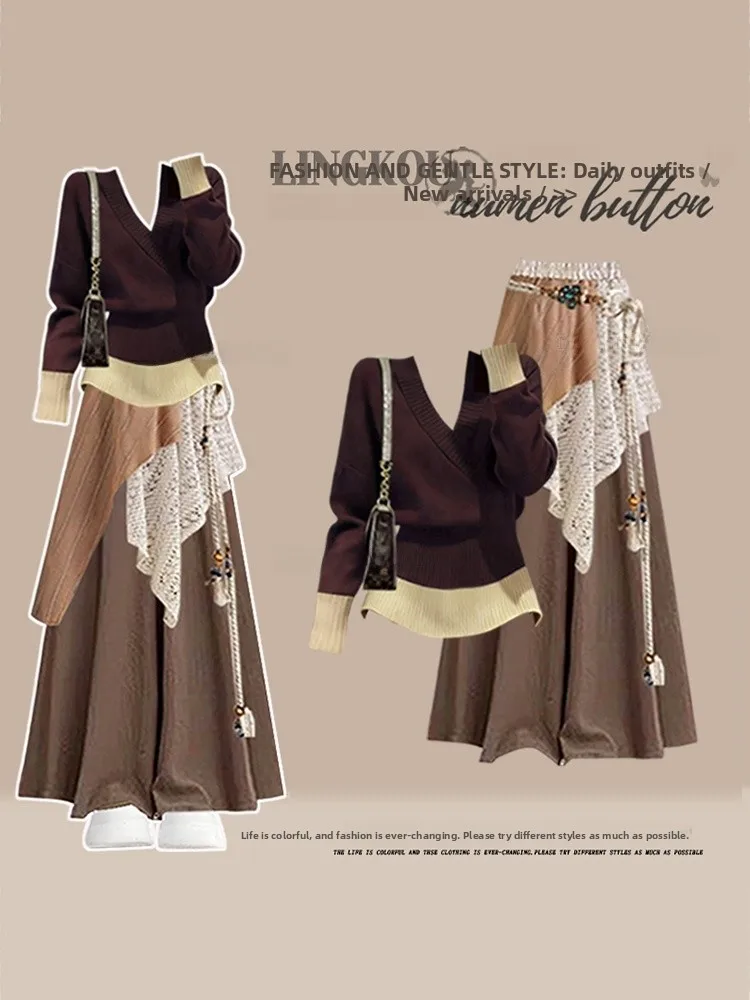 

Retro Color Blo Knitwear Sweater Casual Skirt Pants Tee Piece Set for Women plus Size Autumn Winter Faion Ensemble