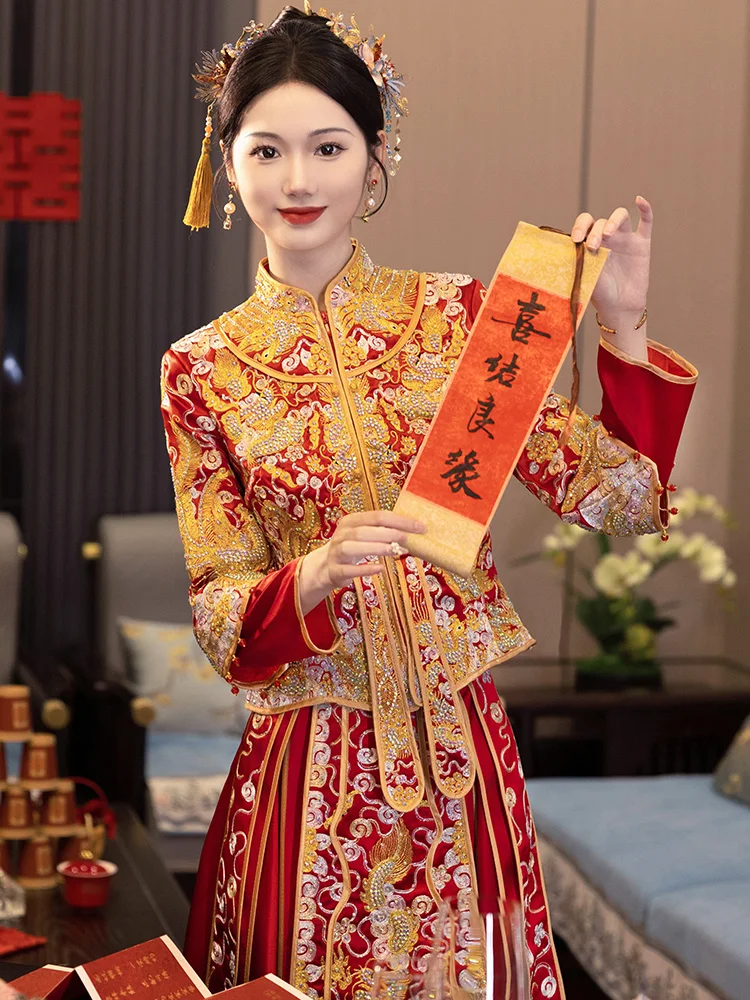 

Traditional Chinese Wedding Dr XiuHuo Fu LongFeng Gua Heavy Work Embroidery Women's Spring New Sle Wedding Dr