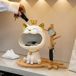 Lucky Fortune Cat Sculpture Entrance Craft Resin Key Holder Cat Figurine Table Decoration Desktop Sundries Storage Snack Tray
