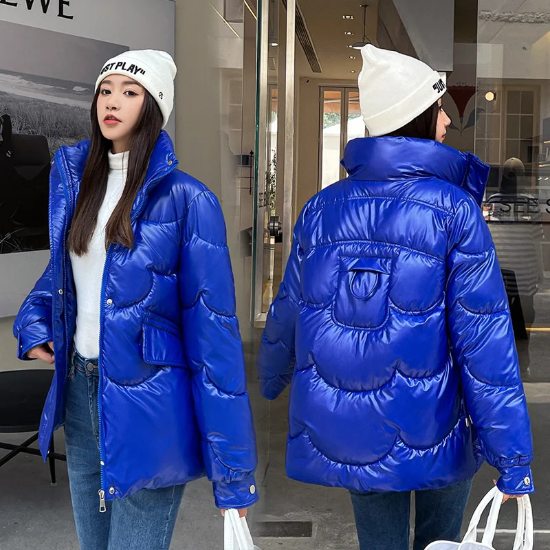 

Glossy Puffer Down Cotton Jacket Women Winter Overcoat Parkas 2023 New Loose Bread Outerwear Thick Padded Coat