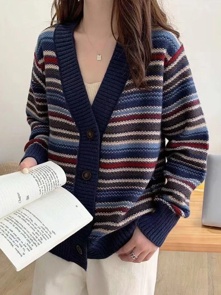 

Cardigan Crop Top Sweater Stripe Cardigans Korean Fashion Loose Oversized Sweater Casual Long Sleeve Tops Winter Clothes Women