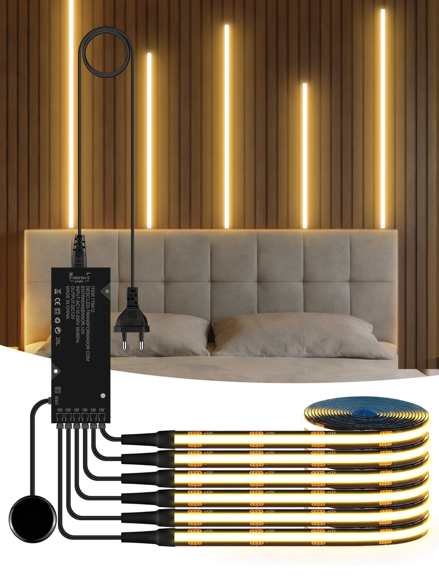 Touch Dimmer COB LED-striplicht, geen gatinstallatie, penetrate hout/glasbediening, 12V warm/neutraal wit, voor akoestisch wandpaneel - afbeelding 2