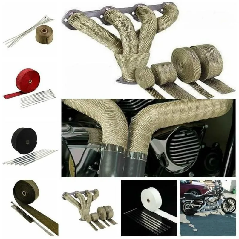 25mm*5M Roll Fiberglass Shield Motorcycle Exhaust Thermal Tape Header Pipe Heat Wrap Tape Thermal Protection with Stainless Ties