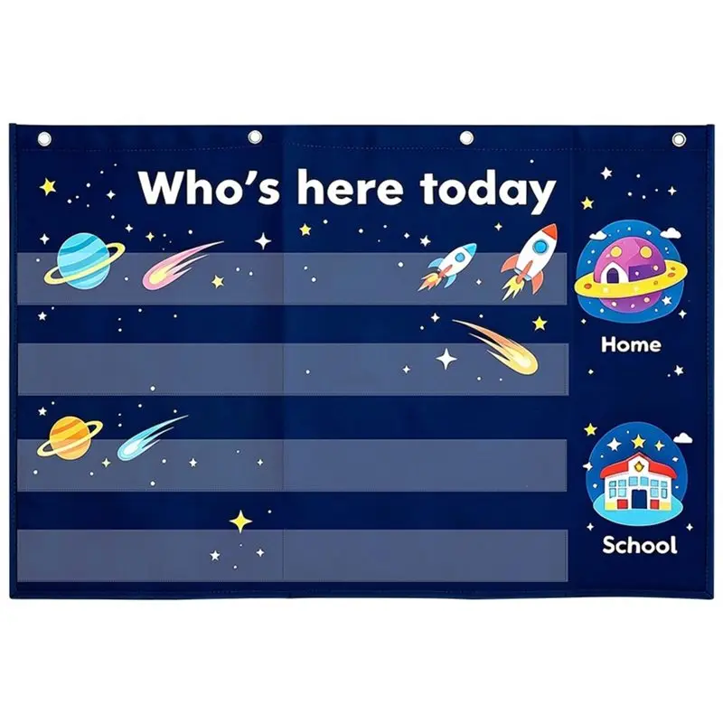 [NEW!】 For Classroom For Homeschool Early Education Kindergarten Student Check-In Hanging Attendance Pocket Chart Space Theme