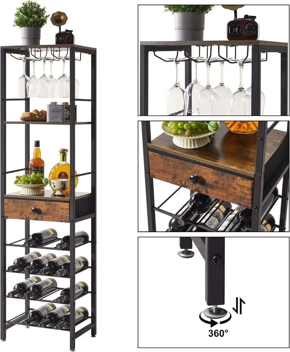 Wine Rack Freestanding Floor, Bar Cabinet for Liquor and Glasses,Coffee Bar Cabinet 4-Tier Wood bar Cabinet,Glass Holder