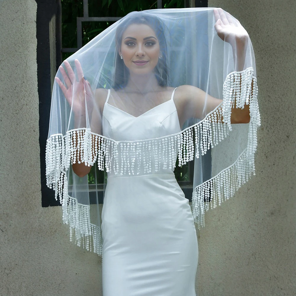 

Bohomian Fingertip Length Fringe Veil With Comb Ivory Soft Tulle Romantic Wedding Headpiece with Tassels M56