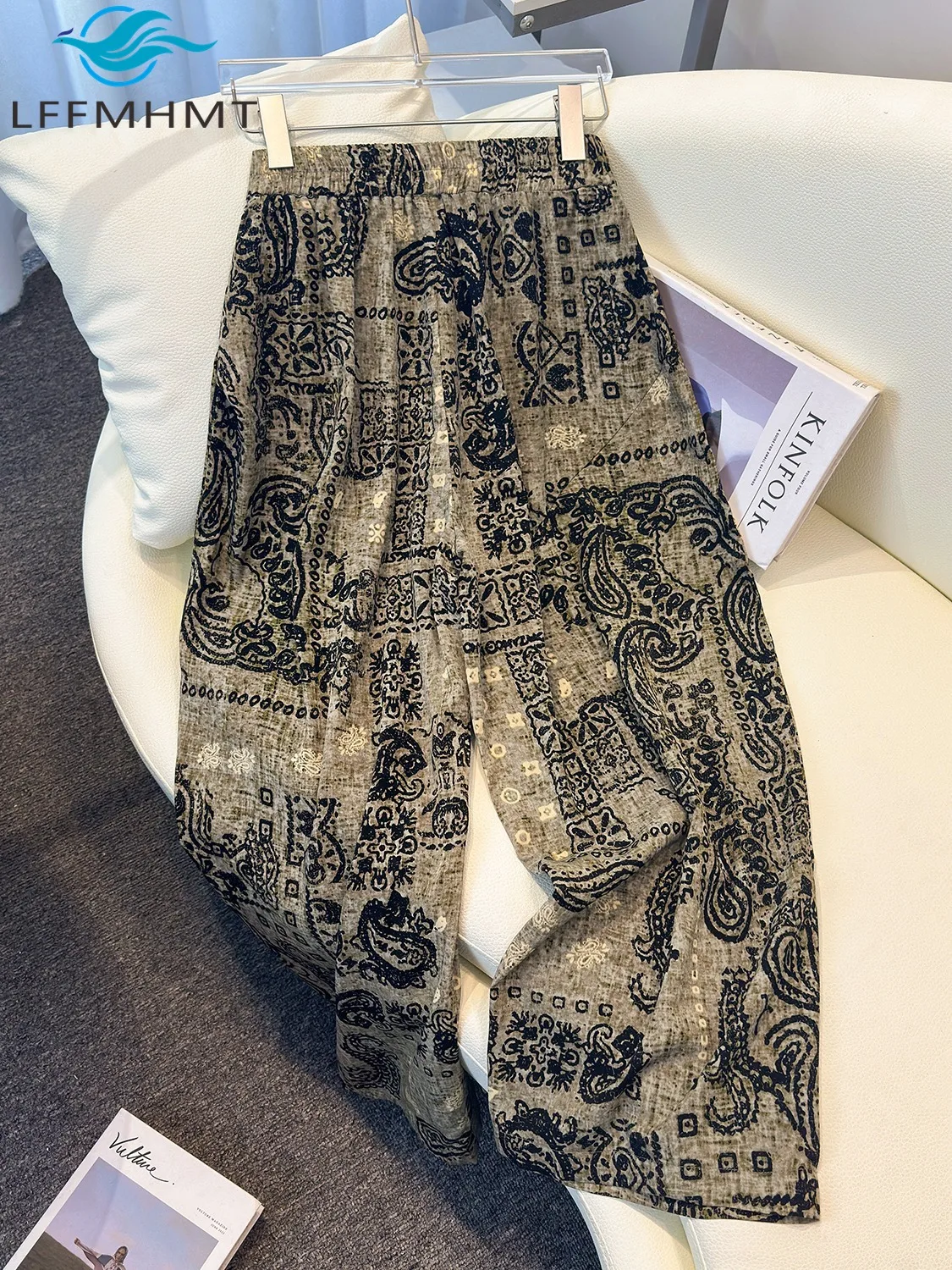 

Vintage Print Wide Leg Loose Casual Pants Women Summer Fashion Elastic Waist Cotton Linen Ankle Length Trouser