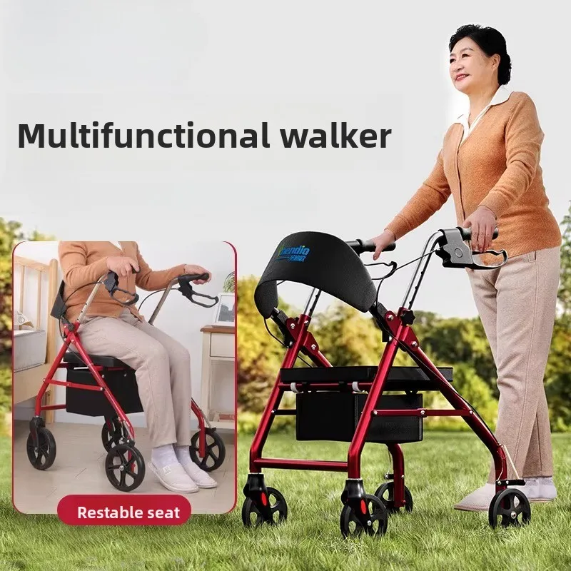 

Foldable Rollator Walkers with Seat for Seniors, Adjustable Transport Chair with Brake,350 Lb. Weight Capacity, Can Push Can Sit