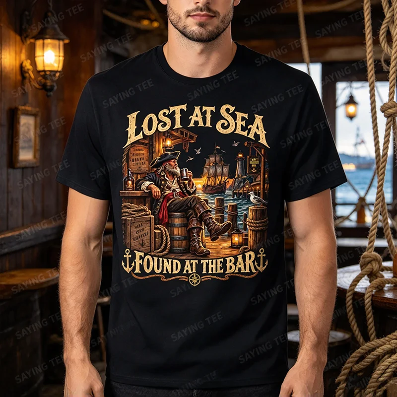 Men Women T-shirt Lost At Sea Found At The Bar Funny Cruise Vacation Sarcastic Humor Tee Cotton Short Sleeve Casual Travel Tops