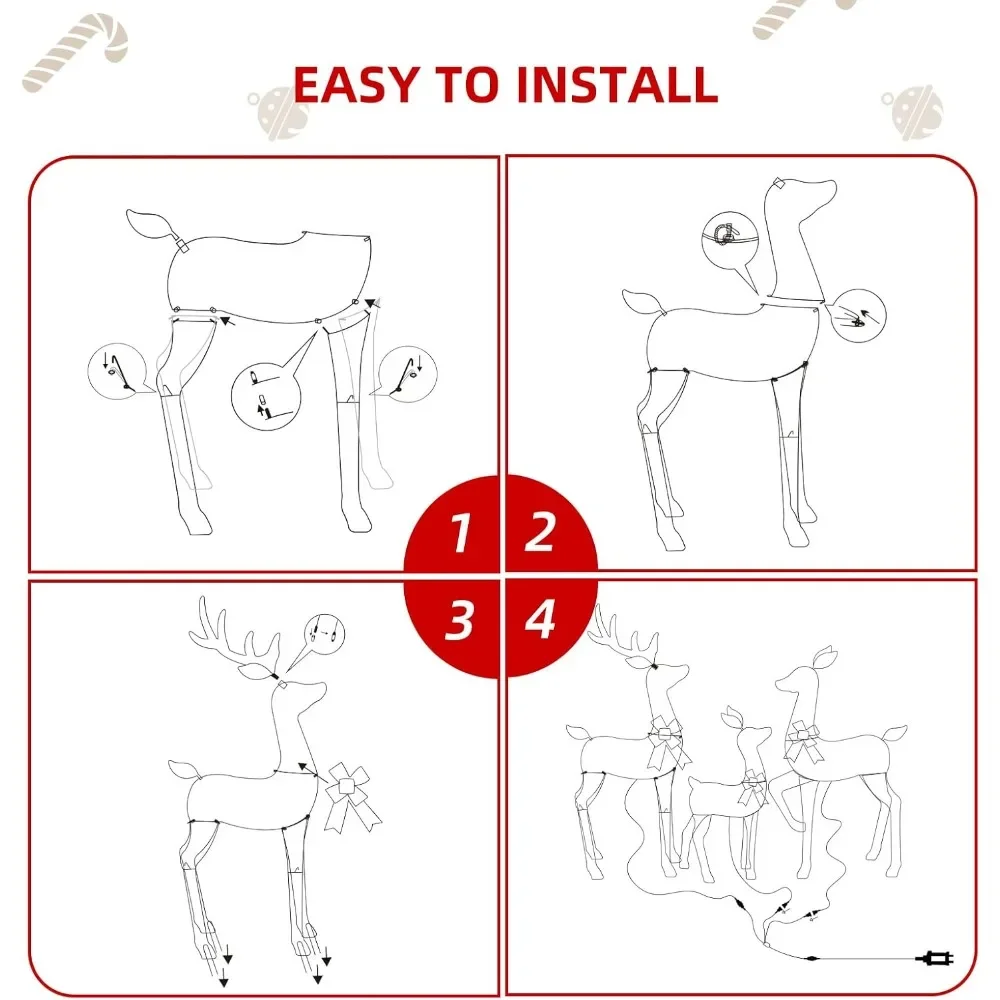 مجموعة عائلة الرنة المضاءة المزخرفة لعيد الميلاد في الهواء الطلق بطول 5 أقدام - غزال ثنائي الأبعاد مكون من 3 قطع مع 160 مصباح LED أبيض دافئ #6