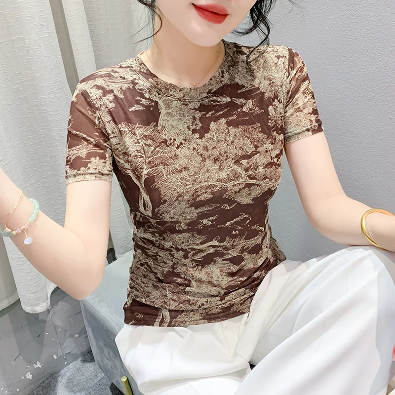 

Retro Print Me ort Sve T-irt Women's Summer Slim Fit Faionable Slimming Versatile Street Sle round Ne Top