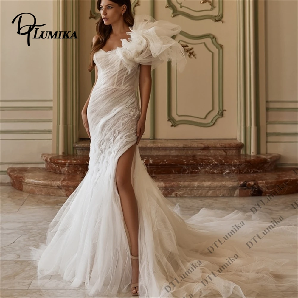 DTLumika Crepe Mermaid Long Wedding Dress Women's Customized Modern Bride Dresses, One Shoulder with Big Flower Bridal Gown