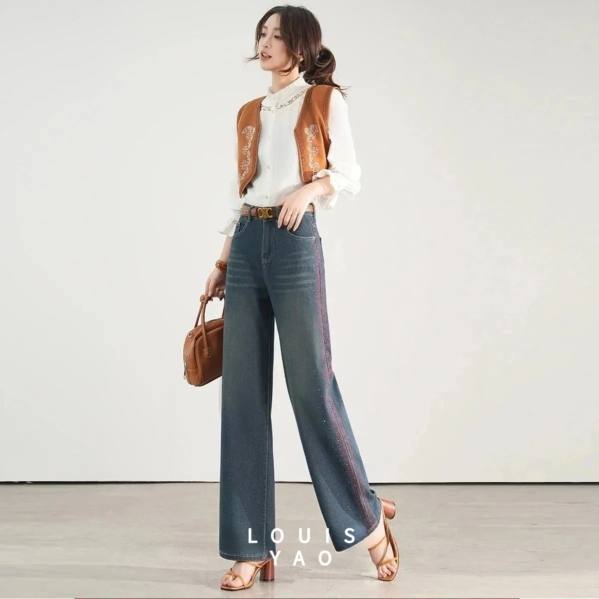 LOUISYAO Embroidery Wide Leg Straight Jeans 2025 Summer Simple Wash Long High Waist Loose Retro Fashion Women's Denim Pants