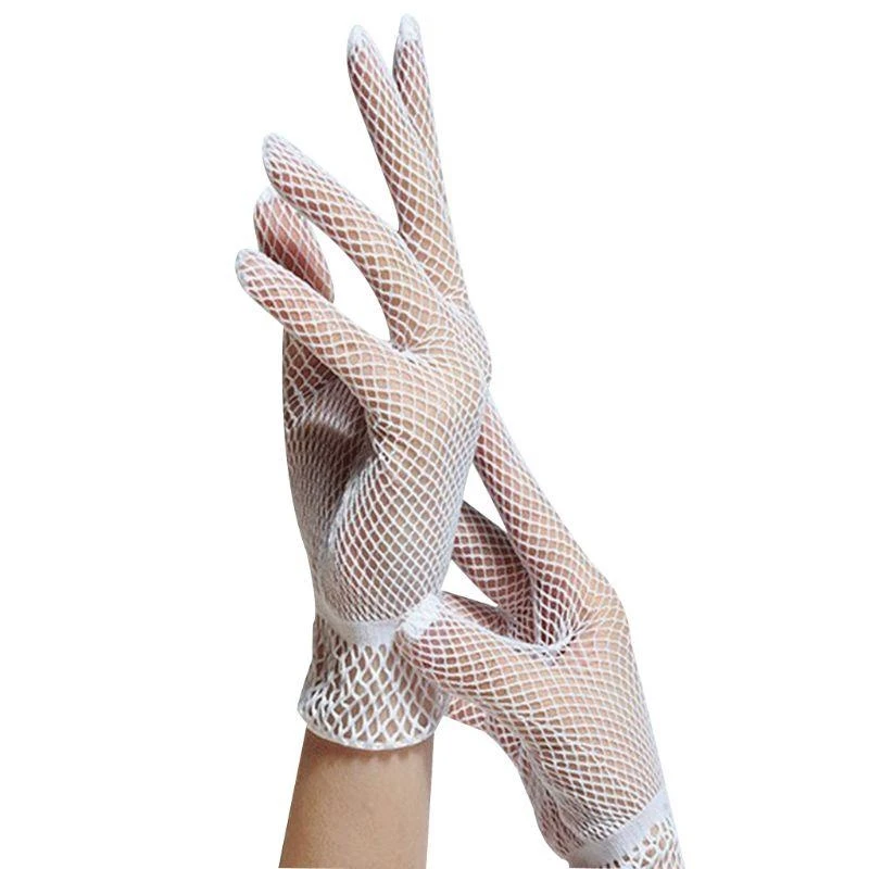 

652F Women Girls Summer UV-Proof Mesh Net Gloves Solid Color Full Finger Mittens for Wedding 80s Retro Party