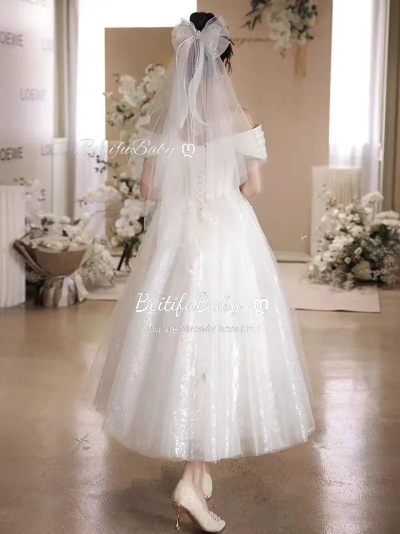 BeitifuBaby gaun pernikahan wanita, baju Formal pengantin tanpa lengan Organza, gaun A-line bahu 2024 tali