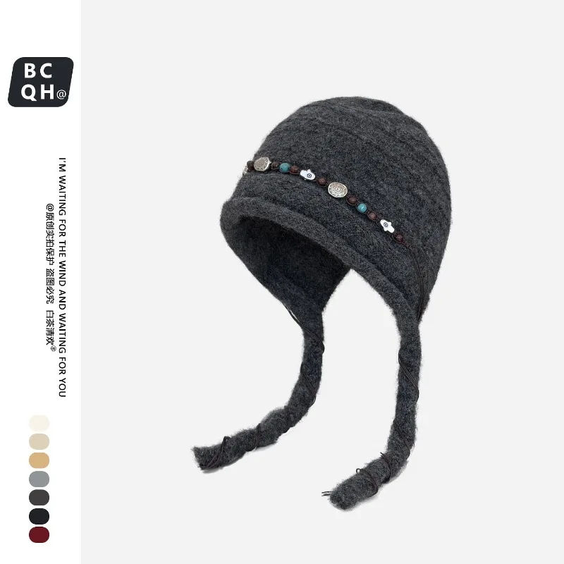 Japanische Nischen-Perlenmütze im Ethno-Stil, gestrickte Pullover-Mütze für Winterwärme und künstlerischen Ohrenschutz, Bombermützen für Damen – Detail 7