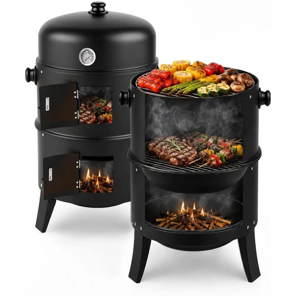 18 Inch Multi-Layer Charcoal BBQ Smoker Grill, Heavy Duty Round Grill, Veal Smoker with Thermometer, or Outdoor Cooking, Patio,