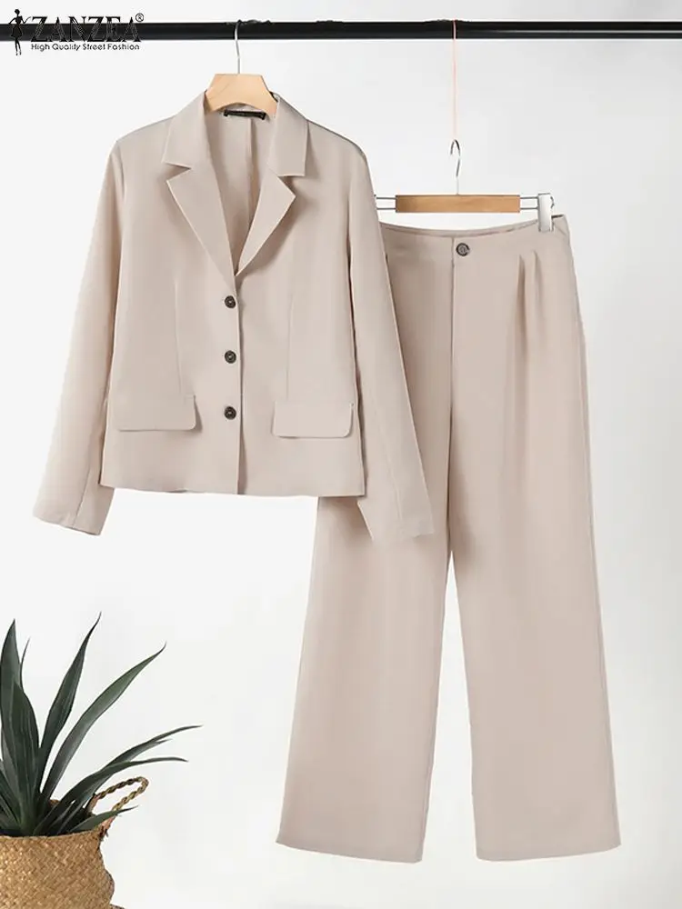 Zanzea Frauen elegant ol Arbeits hose Sets 2 Stück Herbst Langarm solide Blazer Hose passt lässig Mode Büro Trainings anzug 2024