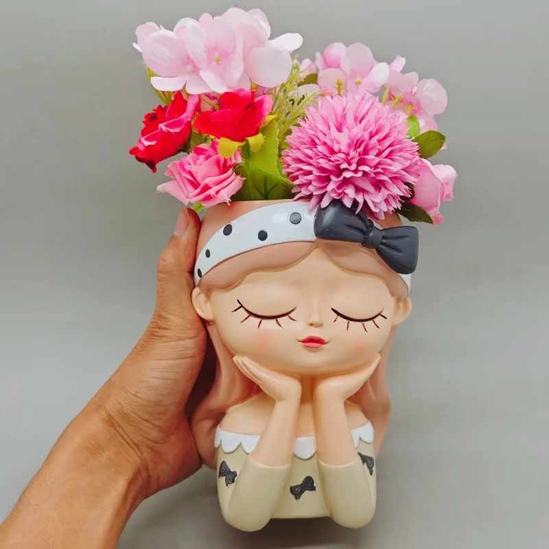 Silicone mold cute bow girl flowerpot Nordic style DIY gypsum resin green algae fleshy flowerpot tool large mold view 3
