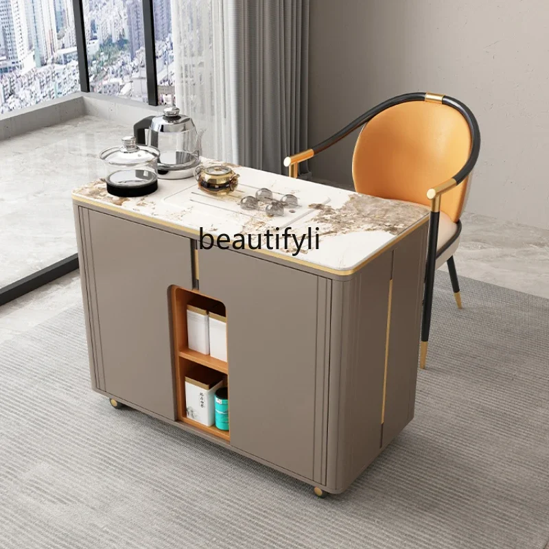 

Light luxury movable tea table kettle integrated simple balcony household small tea cart modern, rock slab tea table