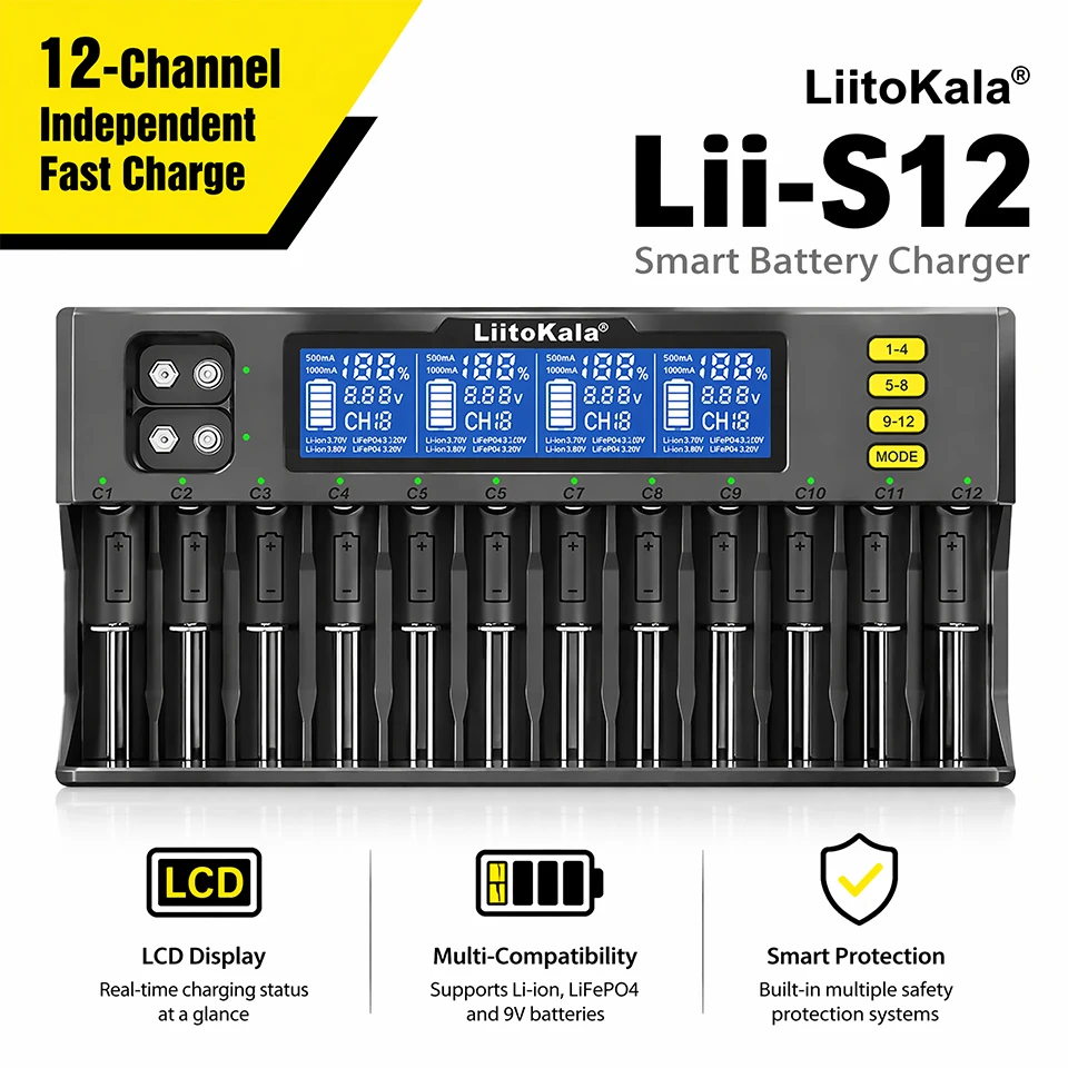 LiitoKala Lii-S12 Smart 12 Bay Battery Charger LCD Display Auto Detection Charger for AA AAA 1.2V Ni-MH Ni-Cd Rechargeable