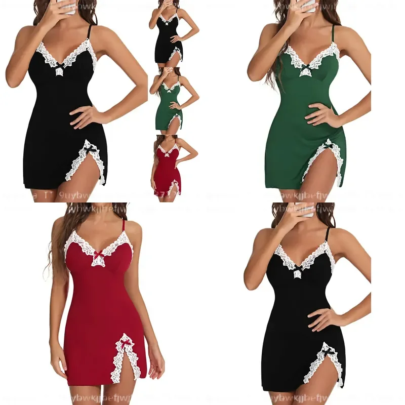 Women Sexy Lace Silk Satin V Neck Nightgown Sleeveless Split Hem Soft Lingerie Sleepwear Female Night Dress Clothes