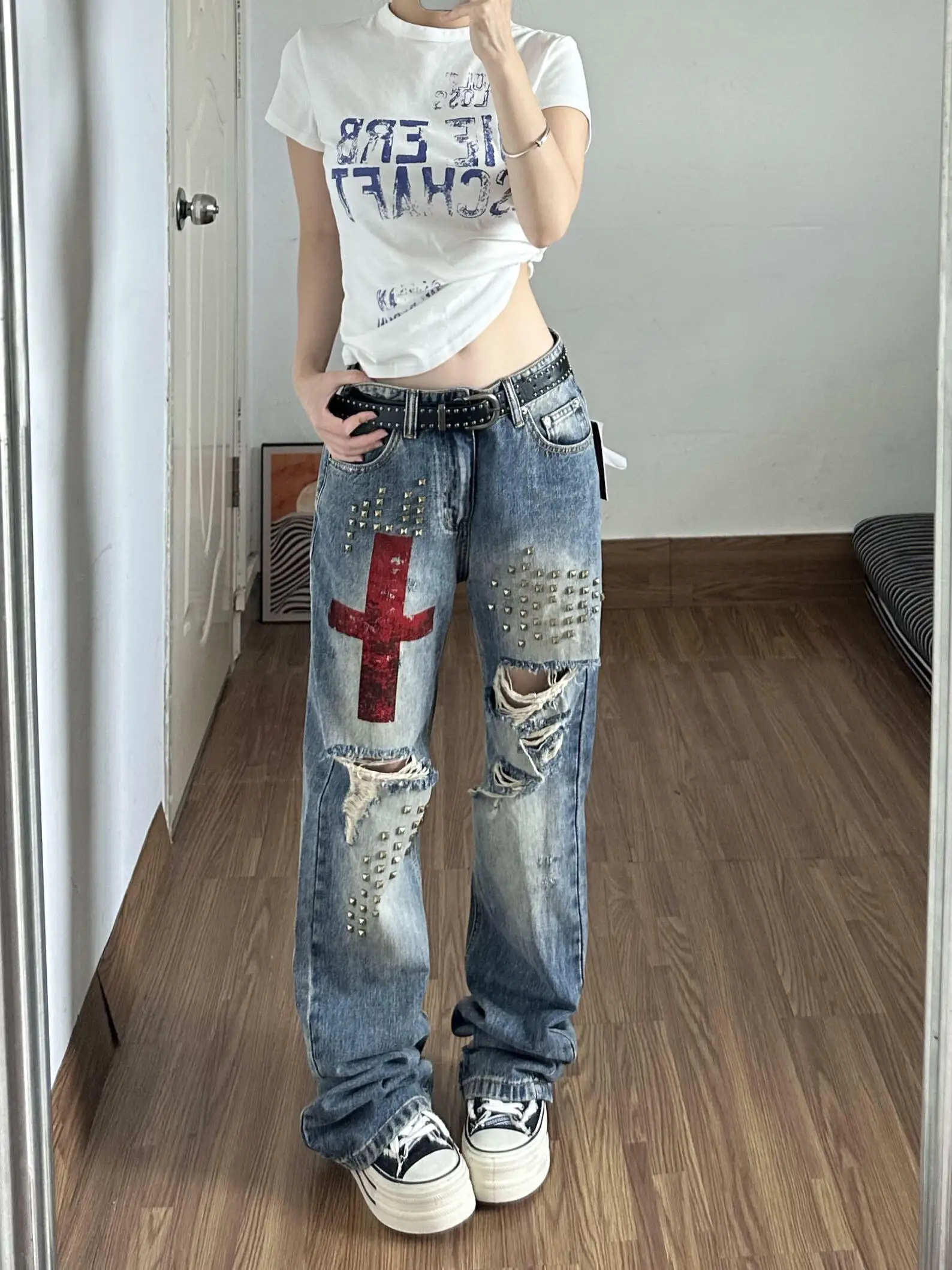 Retro Handmade Rivet Washed Stacked Denim Jeans Men's Slim Fit Curved Knife Sense of Jeans Men's Casual High Waist Zipper