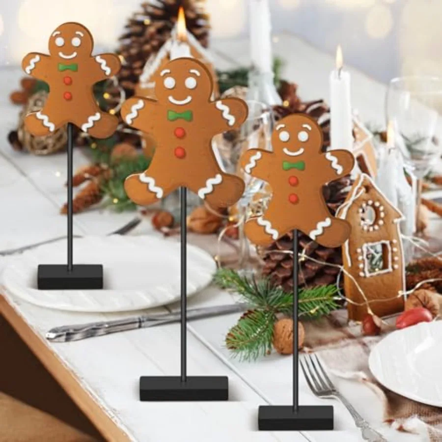 3 Pcs Christmas Wooden Gingerbread Man Table Decor Christmas Wood Table Sign Tall Standing Gingerbread Centerpiece Decorations