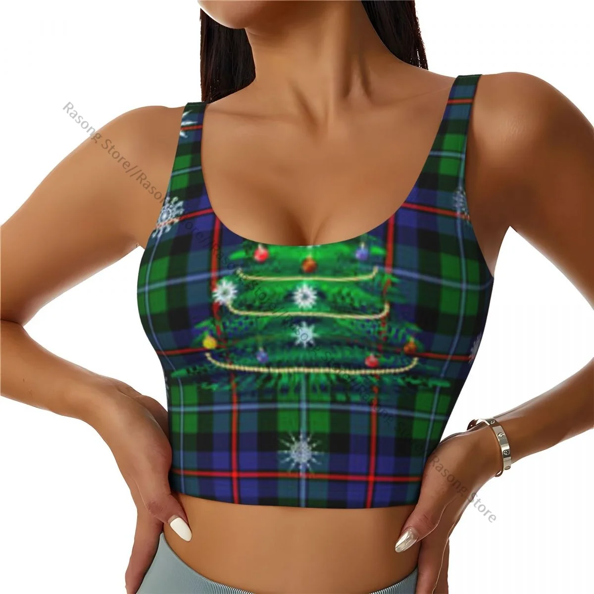 Women Sexy Sports Vest Argyll Tartan Christmas Tree Print Female Streetwear Sport Lingerie Tee Crop Top