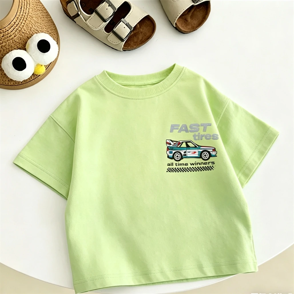 Short Sleeve Tops Boys And Girls Cartoon Fashion Clothing Round Neck Base Shirt Pure Cotton Clothes Baby Round Neck Pullovers