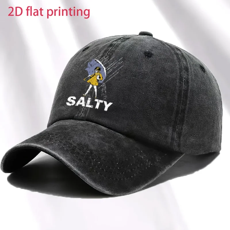 

Регулируемая винтажная бейсболка с эффектом потертости, зонтиком и принтом "SALTY", 1 шт. | Унисекс, модная уличная одежда, идеально подходит для подарков, Cu