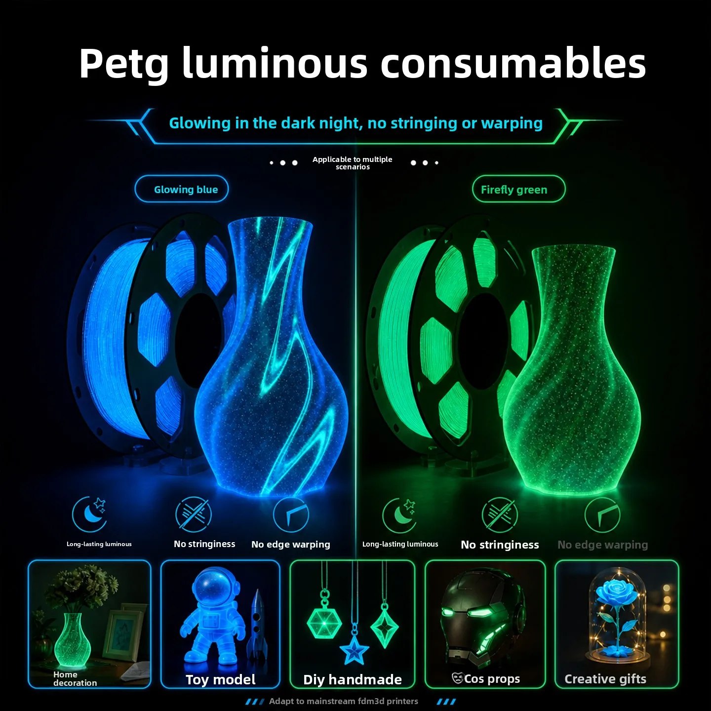 Glow PETG 3D Filament 1.75mm, Light Absorbing Material, Stable Feeding, Works with Bambu Lab FDM Printer, 1kg