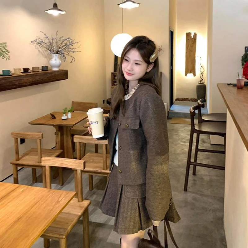 Vintage Y2k Cropped Blazer Mini Skirt Suits Korean Women Long-sleeved Tops Jacket with A-line Pleated Skirt 2pc Set Tweed Outfit