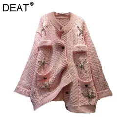 DEAT Women's Cardigan Loose Elegant Five Pointed Star Shaped Diamond Hollow Out Knitted Sweater 2024 New Autumn Fashion 29L8765