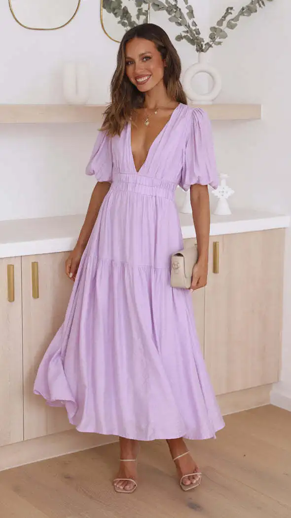 Summer Solid Color V-Neck Puffy Sleeves 2024 A Euramerican Mid-Calf Vestidos De Tricô Femenino Women Clothes A