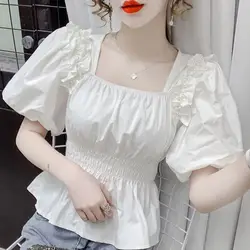 Summer New French Tighten the Waist Fashion Short Sleeve T-shirt Women Solid Square Neck Pearl Folds Chiffon Bubble Sleeve Tops