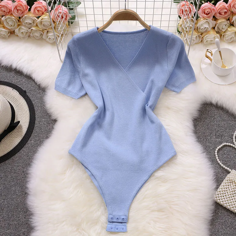 Dames bodysuit met diepe v-hals en korte mouwen, effen kleur, wrap superplice jumpsuit, tops turnpakje, knoopsluiting romper, onesie