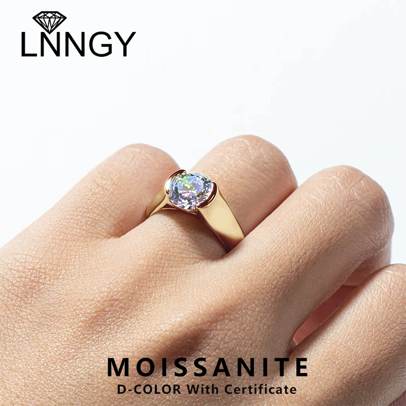 Lnngy Half Bezel 8mm 2ct Moissanite Solitiare Ring For Women Ladies 925 Sterling Silver Engagement Wedding Band With Certificate