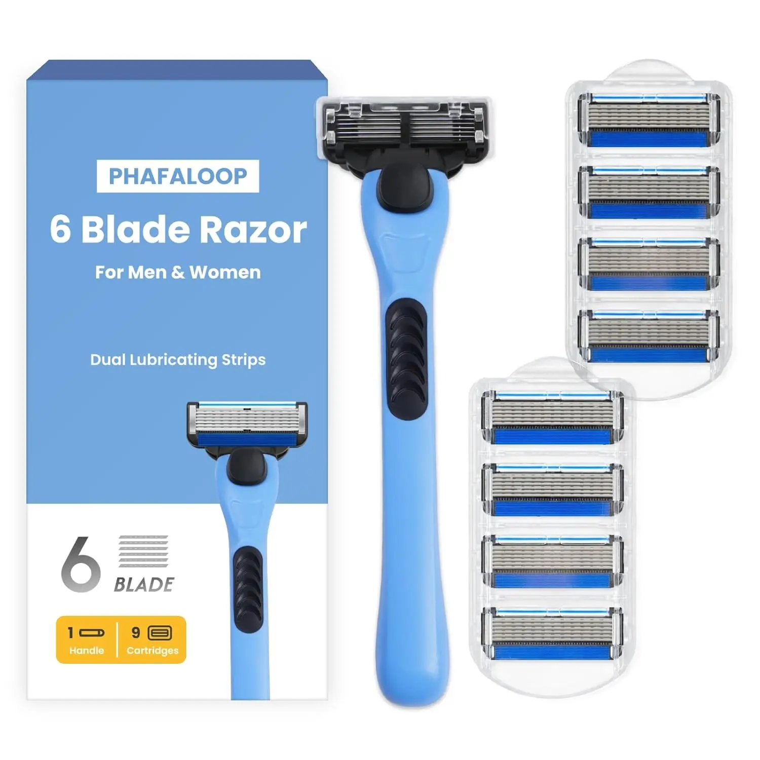 

6-Blade Men's Razor with Dual Lubrication, 10-Piece Shaving Kit for Smooth Shave, Blue