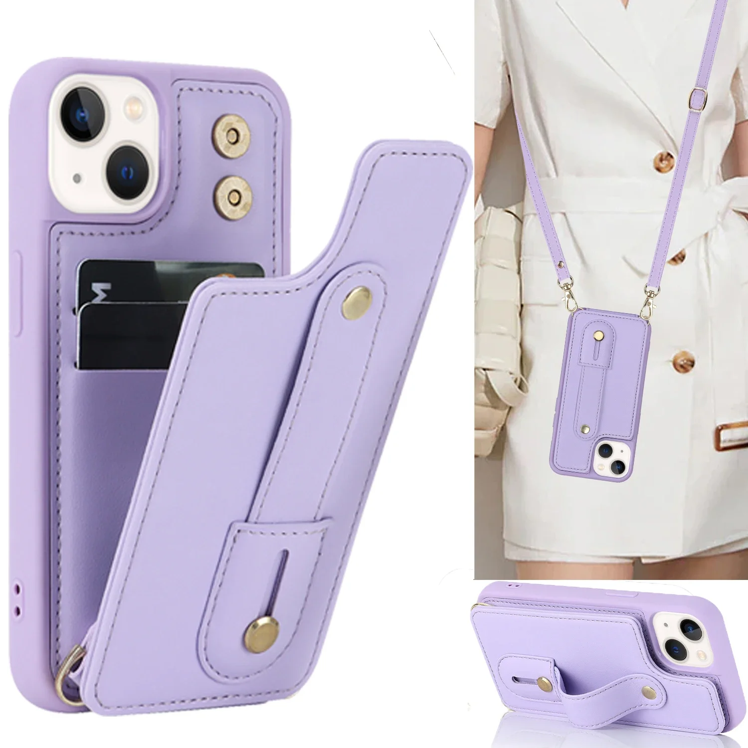 

Crossbody Neckband Lanyard Wristband Wallet Leather Case for iPhone 16 Pro Max 15 Plus 14 11 12 13 XS SE 2022 Cards Holder Cover