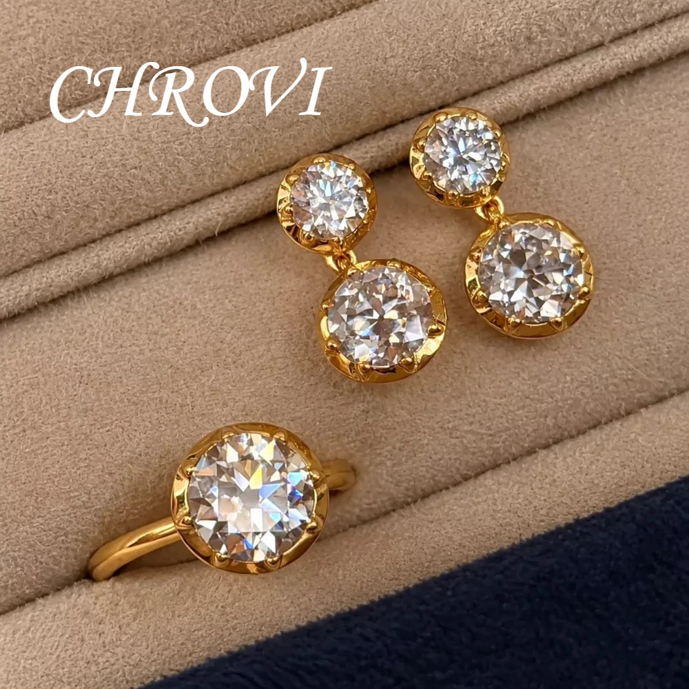 Luxury-Style 925 Sterling Silver Round Diamond Ring for Women, Small-Scale Vintage Style Double Diamond Earrings Set