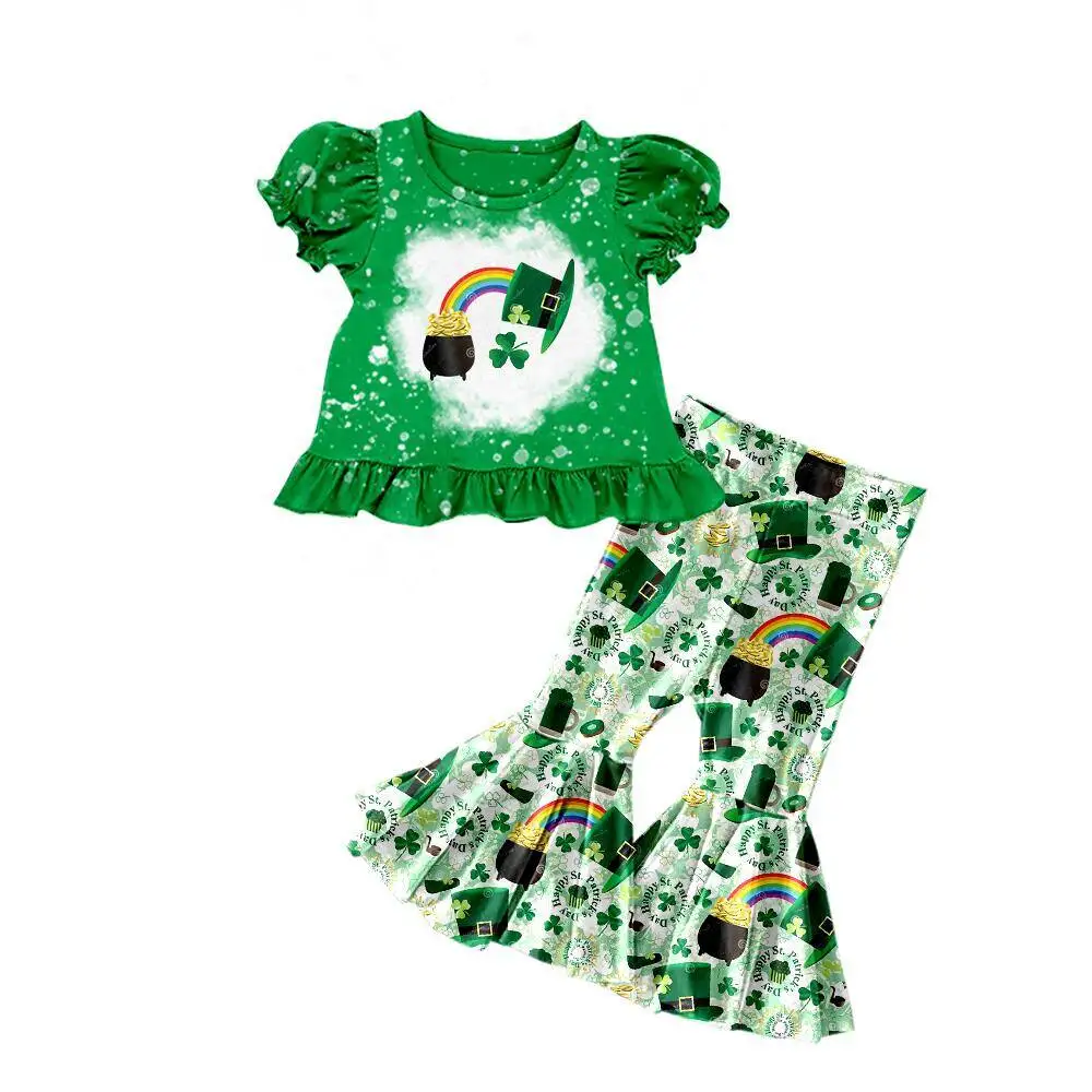 St. Parker's Day boutique children's suit short-sleeved four-leaf clover print bell pants suit girl suit boy baby jumpsuit