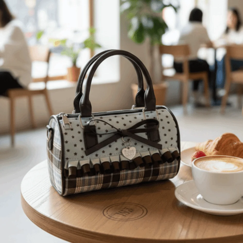 

Retro Portable Bow Polka Dot Handbag Exquisite Color-blocked Bowler Bag Zipper Closure Lightweight Crossbody Bag Gift