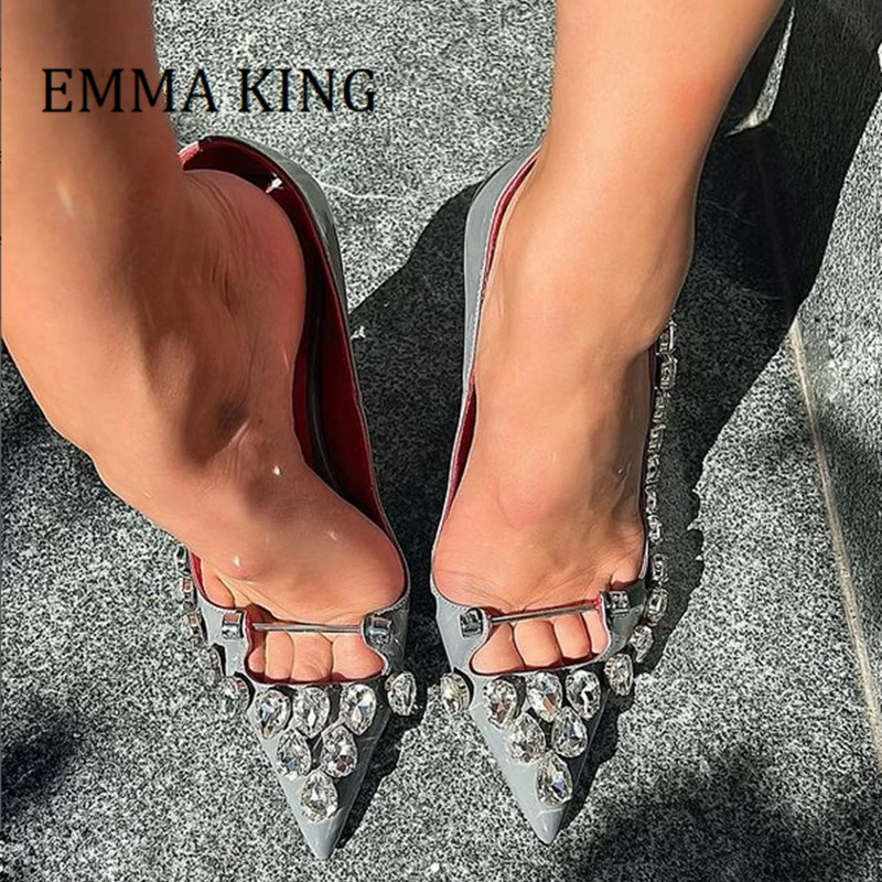 Ladies Elegant Stiletto High Heeled Pumps Rhinestone Gem Stone Stiletto Heels Sandals Big Large Size Dressy Shoes for Women 45